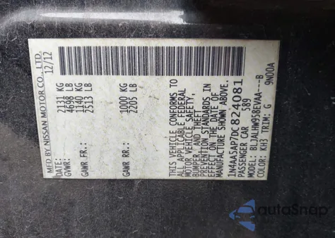 2013 Nissan Maxima 3.5 Sv from USA, damaged, VIN 1N4AA5AP7DC824081